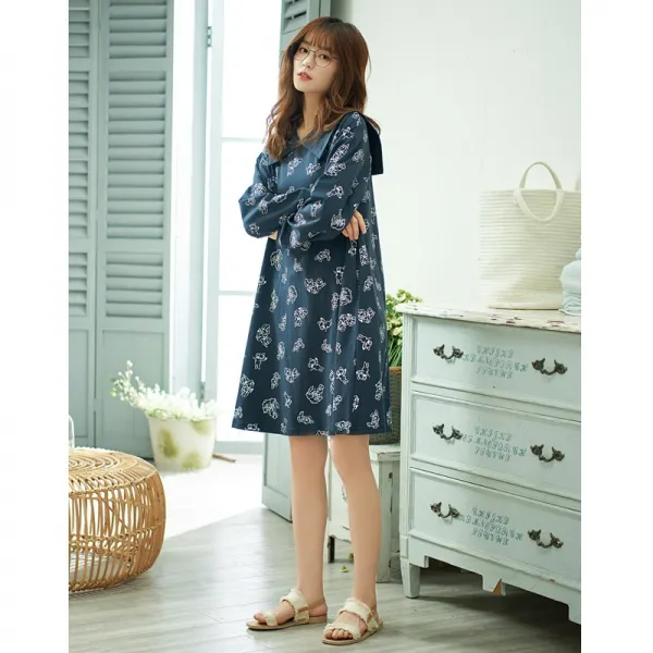 시로 꿈이 벌어졌다 짙은 푸른빛의 잠옷 여성 봄가을 순면 스위트 큐트 학원 무드 잠옷치마 섹시 긴소매 실내복 홈웨어