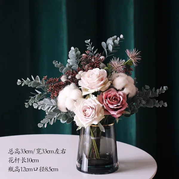 Mar.22 13번 북유럽 로사 로즈 부케 세트 모던 페이크 플라워 장식 플로럴 판잣집 거실 테이블z 가 벼 운 회색 + 모 란 디 핑크 꽃병 포함 