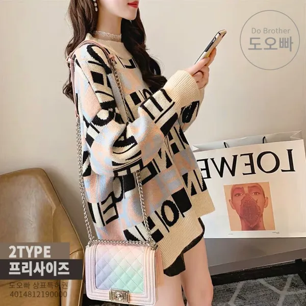 도오빠 여자 스웨터 여성스웨터 니트 라운드넥 풀오버 루즈핏 겨울 자카드 레터링 가을 코트 셔츠
