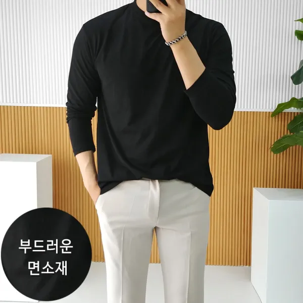 로니제이 남자 봄 가을 부드러운 무지 레이어드 라운드 티셔츠