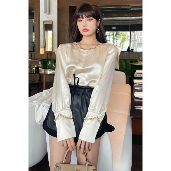 캐주얼셔츠 LINCHAOZHANG 샴페인 골드다 빅 뒤집다 마린넥 체인 초산 여성 캐쥬얼 긴 소매 2725956545
