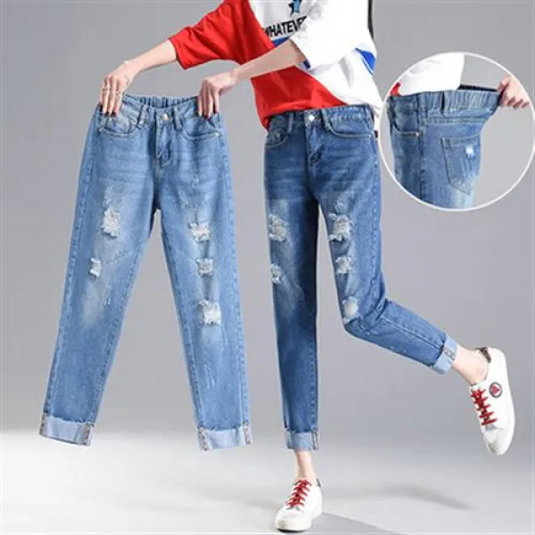사이즈 걱정할 필요가 없는 뒷밴딩처리 청바지