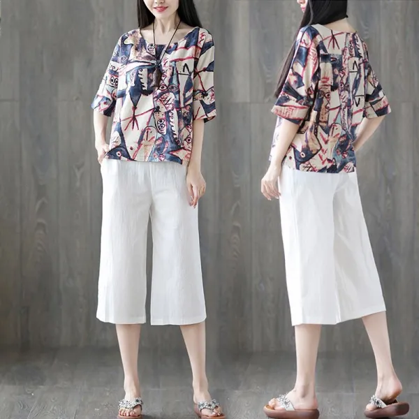 여성투피스세트 여성투피스세트 캐주얼린넨세트 라운드티셔츠+린넨바지 데일리룩세트 루즈핏빅사이즈d08