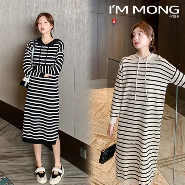 아이엠몽 여성 스트라이프 후드 롱 원피스 단가라 긴후드티 캐주얼데일리룩 홈웨어 편안한 귀여운옷 체형커버 군살커버 시보리처리(BB868HB)
