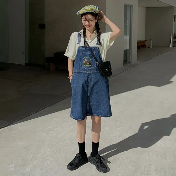 빈티지 캐릭터 자수 데님 멜빵 스커트 학생 원피스 여름 여장
