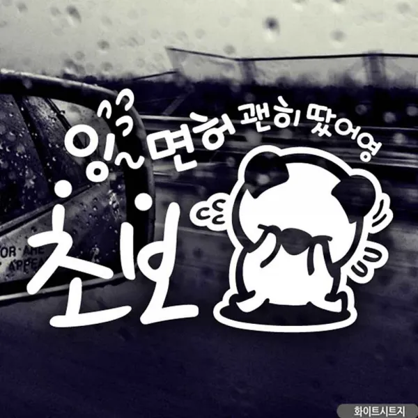 Lohas_주 로하스마켓_자동차스티커 면허괜히땄어영 초보 고미 화이트시트지 차량용스티커 차량스티커 자동차스티커 자동차문구스티커 안전스티커 초보운전스티커 차량_lohas마켙_로하스몰 옵션없는품목입니다 옵션없는품목입니다