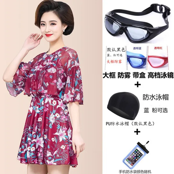 빅 사이즈 스커트 올인원 박서덕션 스파룩녀 배커버 루스 반팔 보수 가비 가비만수영복Z, 4XL 는 160 - 182 근 이 적당 합 니 다., 4_연체 9076 와인 + 수경 + PU 수영 모자 +