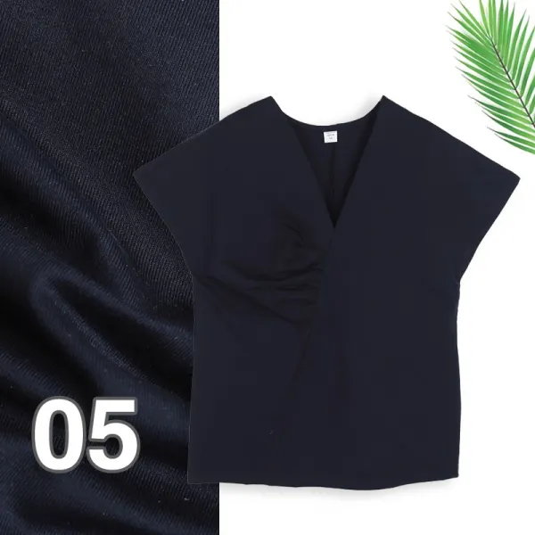 무우기 실크 면 브이넥 주름티셔츠 여름철 누에실 소매 반팔셔츠