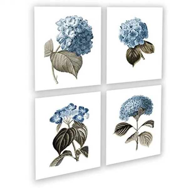 푸른 꽃 식물 인쇄 4 프레임이없는 수 국 식물 아트 인쇄 농가 장식 Blue_Hydrangea4A 세트