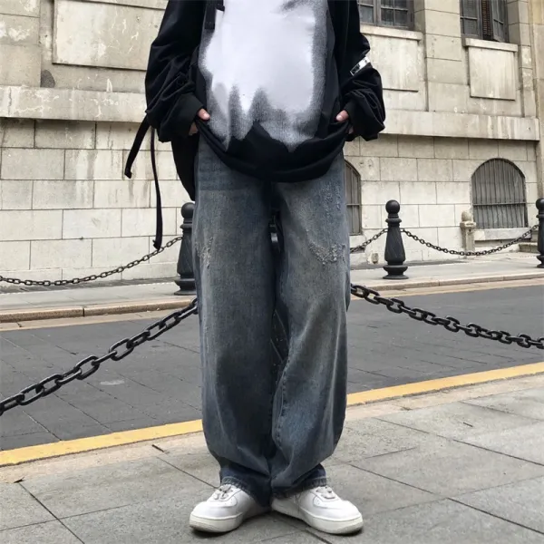 KORELAN 인스타그램 유행 빈티지 하다 낡다 닳다 닳다 똑바르다 백 매치 헐렁하다 캐주얼 바지 청바지