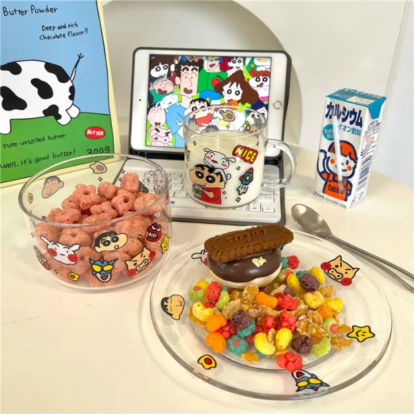 짱구굿즈 유리 샐러드볼 고온에 견디다 접시 식기 세트 3종 세트