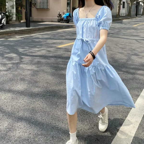 달콤하고 소금기가 있는 학원풍 작은 하트 보틀 넥 버블 반팔 원피스 자 선녀 초선삼계 chic 부드러움
