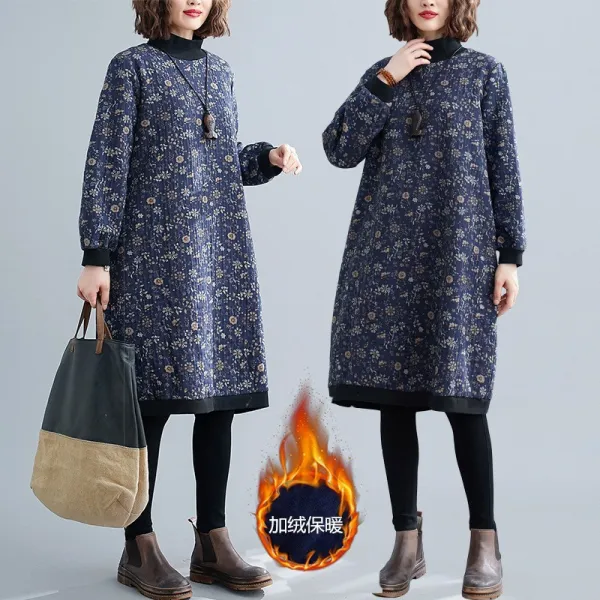 닷츠스타일 프린트 긴팔 스타일리시 플라워 마원피스 여성 겨울 가을 에스닉 무드 단아한 클래식 두터운 융털 목폴라 이너