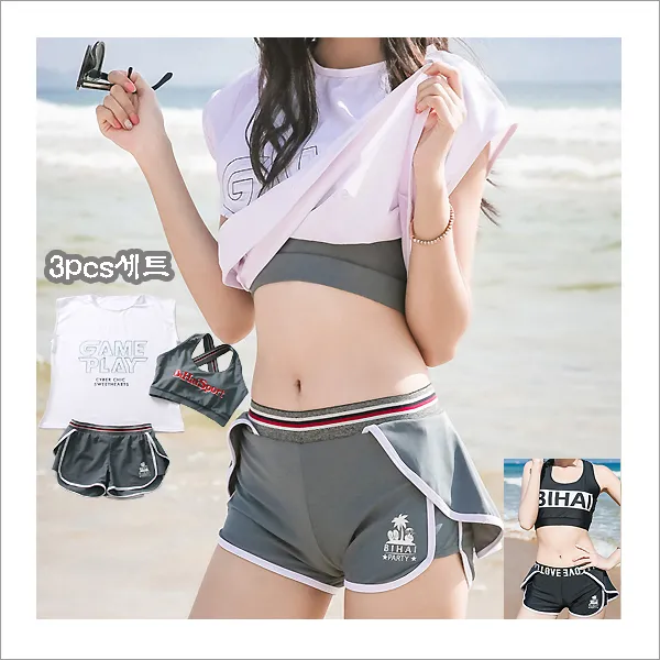 비하이 게임플레이 인쇄 캐쥬얼 여성 3Pcs 래쉬가드 비치웨어