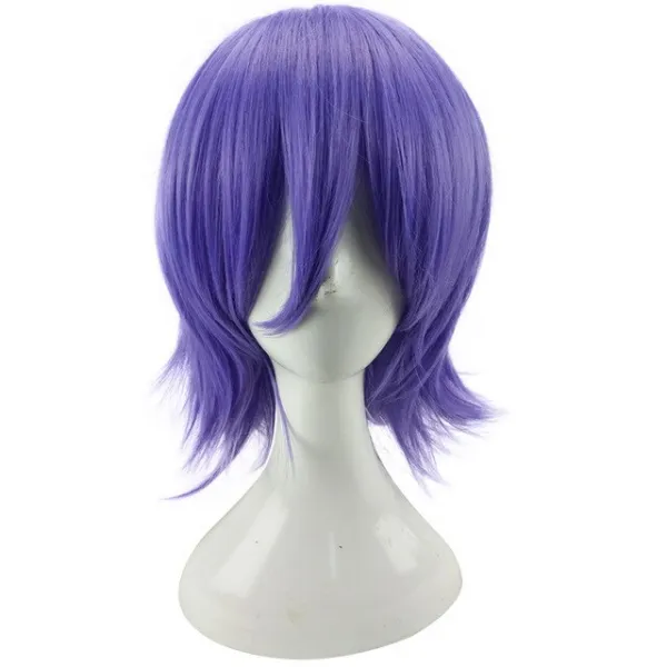 HAIRJOY 남자 여자 보라색 코스프레 가발 짧은 곱슬 머리 계층화 된 합성 머리 파티 가발 7 색상 사용 가능, 01 12inches, 03 purple