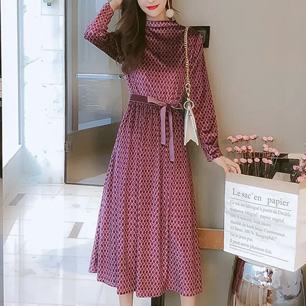 희경이네 여성 앤틱 패턴 리본 반하이넥 롱 원피스 A 사은품증정