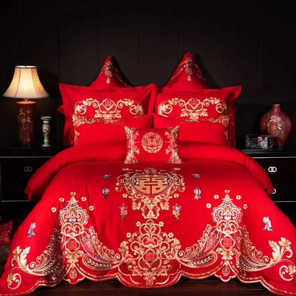 럭셔리 골드 로얄 자 수 100% 코 튼 레드 중국 스타일 결혼식 4/6/9pcs 침구 세트 duvet 커버 침대 시트/린 넨 pill, 오류시 연락주세요