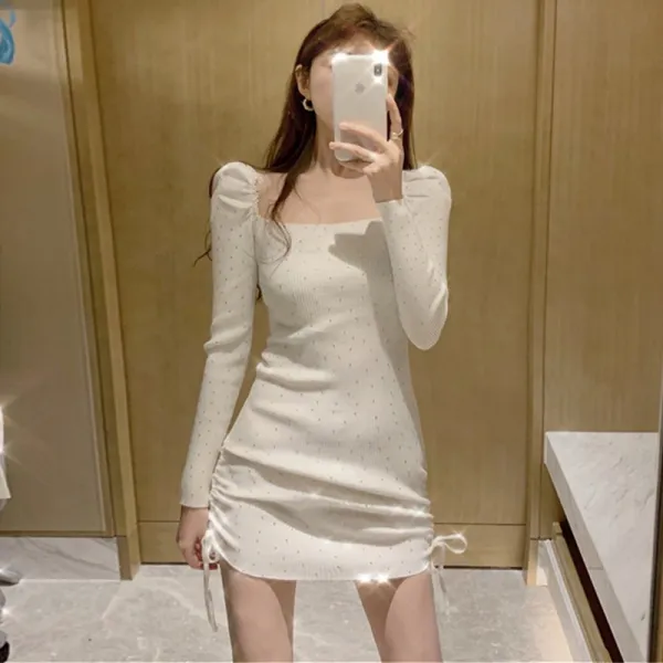 튼튼상점 긴팔 인싸템 여성의류 헵번풍 스퀘어넥 핫멜트 드로스트링 슬림핏 나이트클럽 감각 짧은