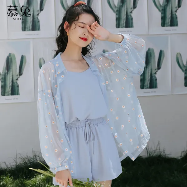 스위트 여자 행세를 함 신와이드 데이지 플라워 프린트 망사 래쉬가드 끈나시 슬립 반바지 세가지