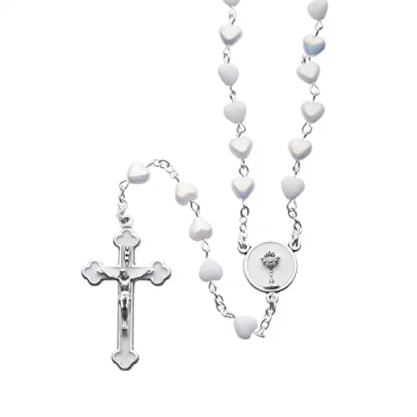 NMT Roman-하트 모양 비즈가있는 친교 묵주 First Communion Collection 16L 6mm 비즈 화이트 및 실버 - P048900FDT1DIG0, 기본