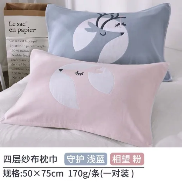 보슬비 고급 침수 순면 한 쌍 4단 거즈 베개 두건 커플 사계절 통용, 한쌍 룩새끼사슴