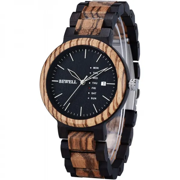 Bewell(ビーウェル) Bewell 시계 나무 남성 요일 날짜가있는 아날로그 일본 제 쿼츠 천연 우드 선물 생일 선