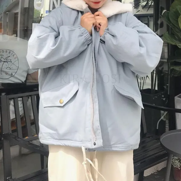 Kirahosi 심플 패션 여성 양털 자켓 카고 점퍼 오버핏 포근 586호+덧신증정 Wmjfjwh