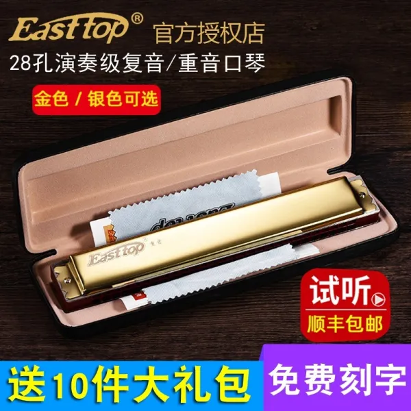 하모니카 독일 리드 Easttop28구멍 복합음/중모음 C음조 고급 성인 초보자 독학 연주 악기 T05 은색 복합음 A조