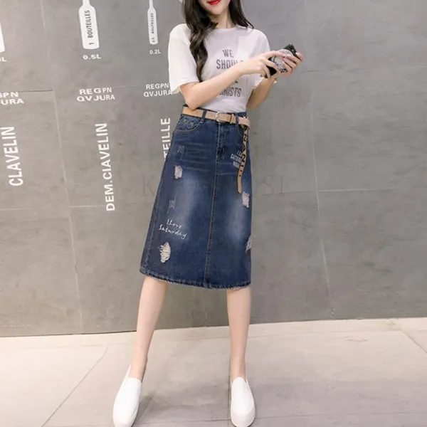 kirahosi 모던 여성 미디 롱 데님 치마 하이웨스트 스커트 95호+ 덧신 증정 AQhel6n1