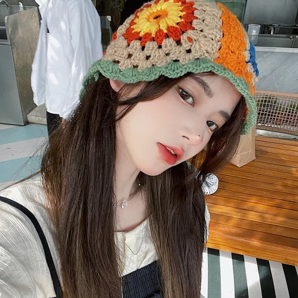 현아 정려원 빈티지 자수 니트 손뜨개 벙거지 모자 꽃무늬
