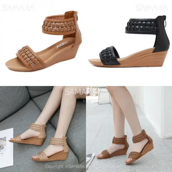 Qterra 특허브랜드 웨지힐 보헤미안스타일 여성 미들굽 샌들 빅사이즈