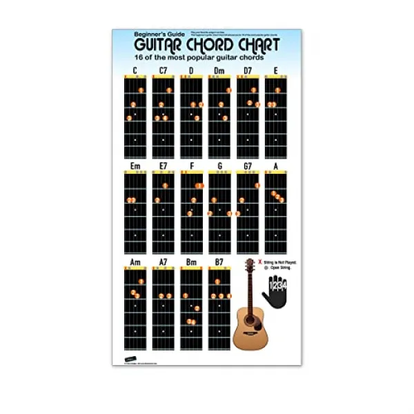 초보자를위한 기타 코드 차트의 포스터. 16 명의 인기있는 Chords 가이드. 학생과 교사에 이상적입니다. 교육적인 핸디 가이드 차트 기타 음악 학습을위한 인쇄. 16 인치 높이 X 9in 폭의 포스터 # P1003s 본상품 본상품