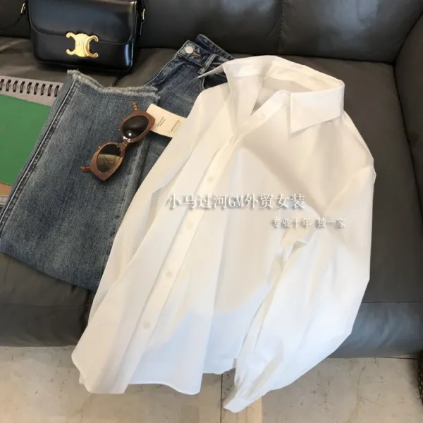 흰색긴팔셔츠 질감 끊어지다 간지나는 또 점잖다 빈티지 등 농소매 와이드 루즈핏 아웃라인 솔리드 무지 2647209301
