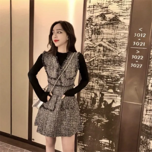 Sh 여성 겨울 세련된 체크 트위드 원피스 000066811