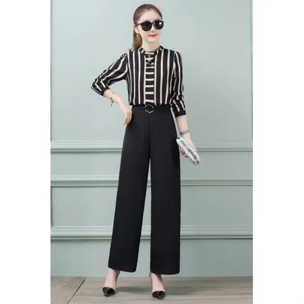 뷰티우먼 블라우스+오버핏 바지 하객룩 투피스 세트