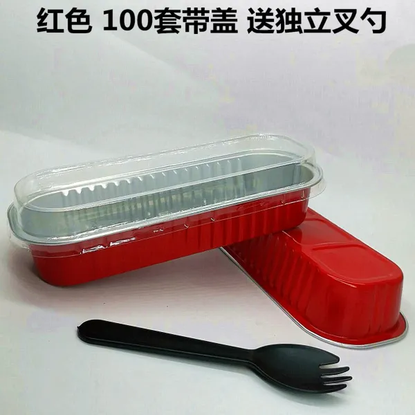 소주샵 베이킹 굽다 두리언 직사각형 알루미늄호일 파이상자 있음 뚜껑 치즈 아케이스 내열 푸딩 200ml X2개 레드 100 커버 독립 포크 스푼