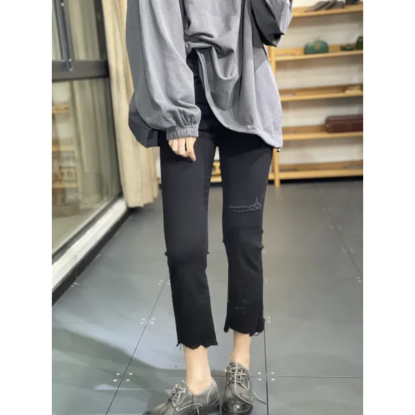 캐주얼 9부 팬츠 강기슭 외 가을 밴딩웨스트 솔리드 무지 대미지 캐쥬얼 헤어지다 순면 코튼 데님 세미바지 3648857832
