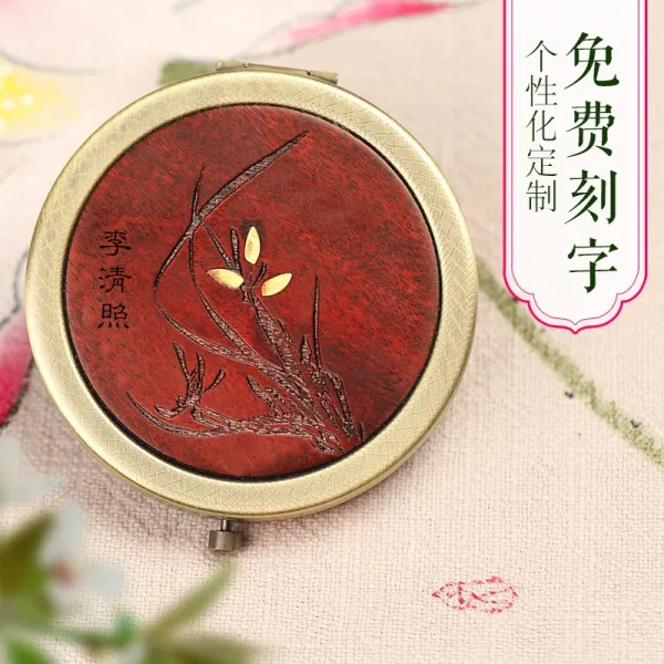 브리사닷컴 보라색 단목 휴대용 화장거울 여학생 미니 손잡이 선물 맟춤제작 LOGO 주문제작함 각인, 아프리카 보라색 단향목 무 상감 거울