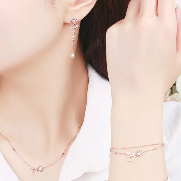 클루 수줍음 작약 꽃 로즈골드 귀걸이 목걸이 팔찌 주얼리세트 19571