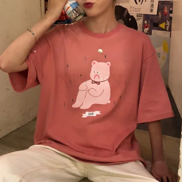 여자 여름 대학생 프린트 박스티 오버핏 반팔 티셔츠 Wc1ciht kirahosi + 덧신 증정