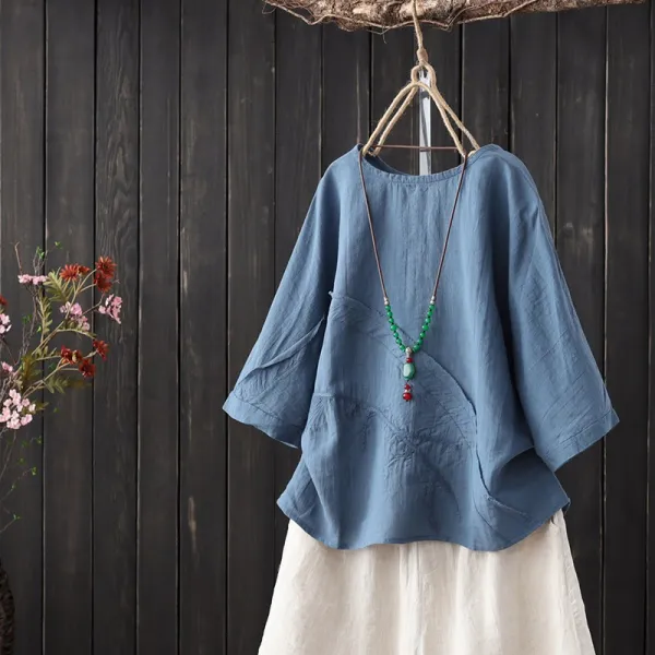 샵솔베이지 면마 여름 여성 박시핏 자수 린넨 블라우스