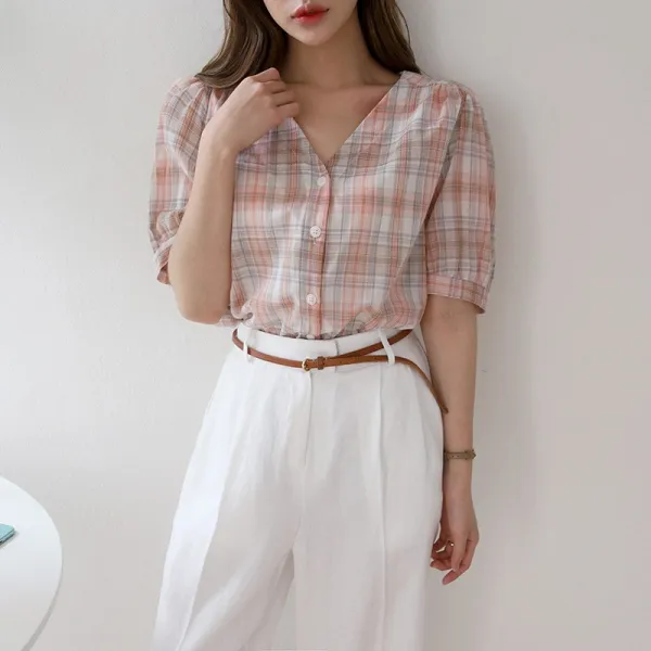 모양새 체크 브이넥 노카라 퍼프 블라우스 데일리 코디 룩 color 카키 핑크