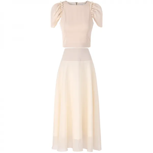 어 린 고 웨이스트 스커트 여름 여장 가벼운 숙풍 반팔 라운드 상의