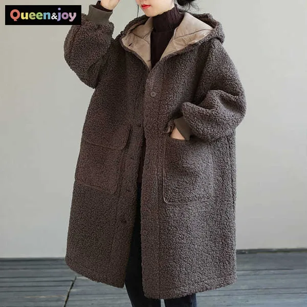 퀸앤조이 도톰 뽀글이 양털 미디롱 후드 코트***판매자 SSK무역***