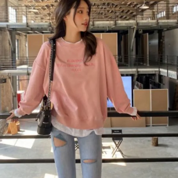 [O]루즈한 스틸 컬러 더블링 라운드 티셔츠 맨투맨