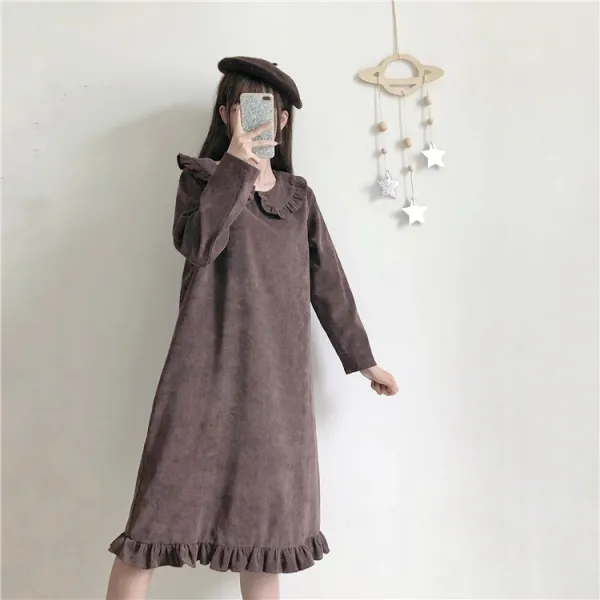 가심비 여성 인형카라 코듀로이 레이스 니트 모직 미디 원피스 Ga008n110301