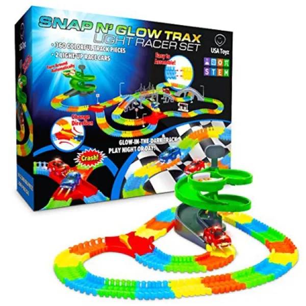 미국 Toyz Glow 경마장 소년 소녀-360pk Glow in the Dark Flexible Rainbow Race Track Set w 2 Light U, 경주자