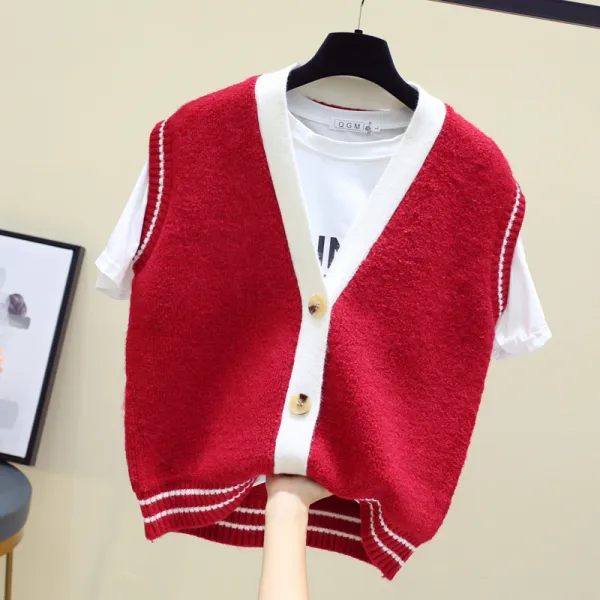 심쿵패션 민소매 어텀니트 배색라인 니트조끼