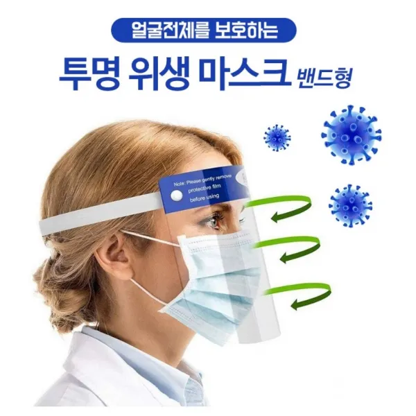 착용 간편! 안면보호 페이스쉴드 밴드형 1P 위생 마스크 투명보호 위생마스크 감염 차단 KC인증 교회 집단 단체 학교 요리 작업 환자간호 상담 진료 검사 경비 대면, 1개