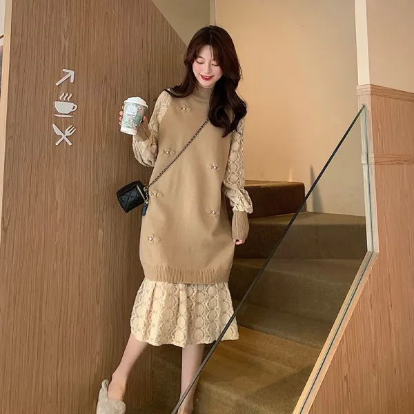 반목니트원피스 빅사이즈 여성의류 봄옷 코디 소프트스타일 뚱뚱함 이쁜이 레이스 패치워크 긴 소매 이너 3639468812
